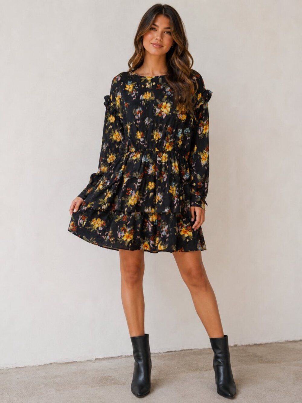 Zara Black Floral Ruffle Tiered Mini Dress Long Sleeve Boho Cottagecore Size L